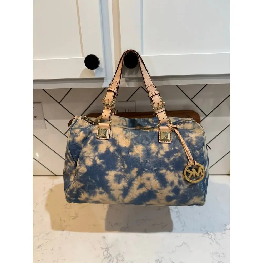 Michael Kors blue beige tie-dye Grayson satchel tan leather trim gold hardware